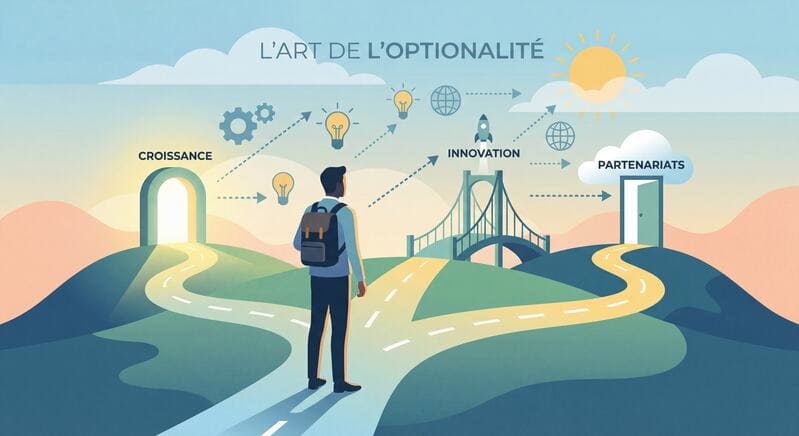 Illustration de l’art de l’optionalité pour un entrepreneur avec plusieurs chemins : croissance, innovation et partenariats pour éviter la faillite