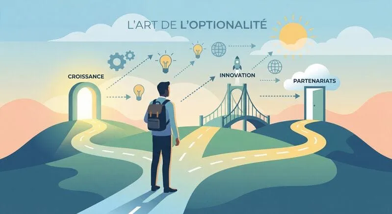 Illustration de l’art de l’optionalité pour un entrepreneur avec plusieurs chemins : croissance, innovation et partenariats pour éviter la faillite