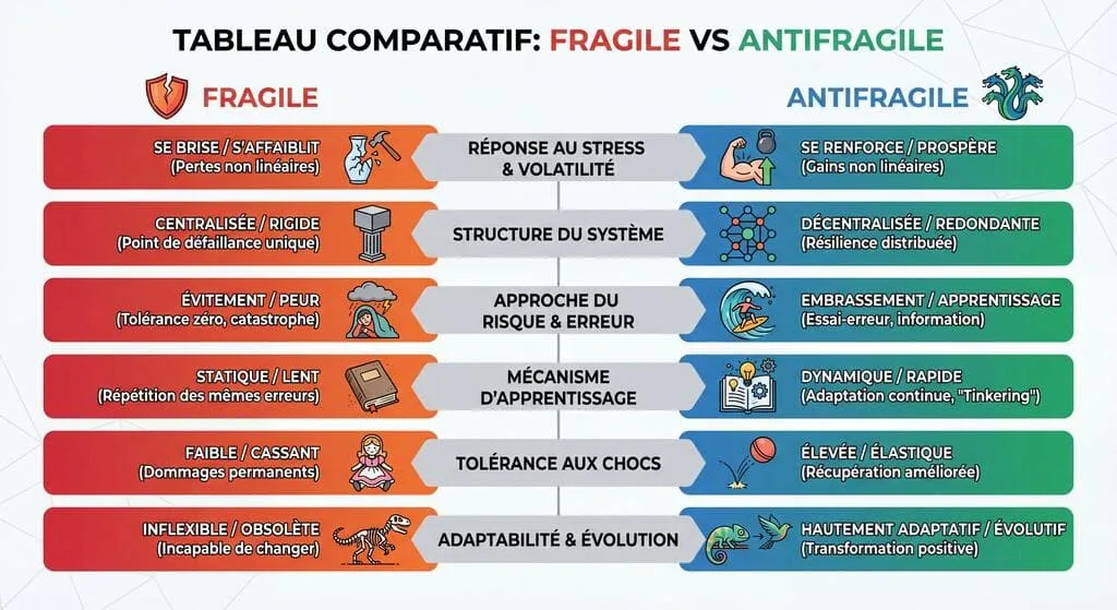 Comparatif entre business fragile et business antifragile selon le concept de Nassim Taleb avec définition et différences clés