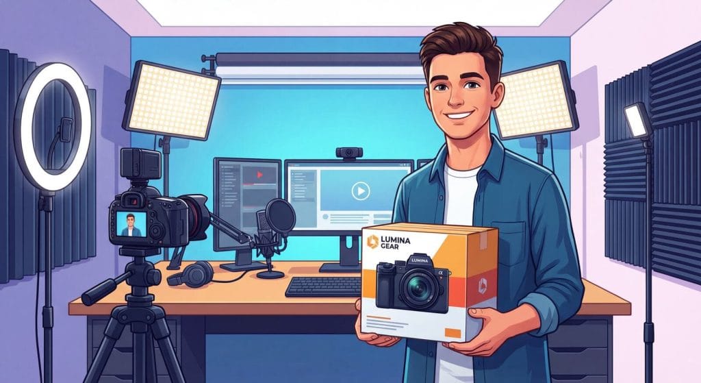 Créateur de contenu dans un studio YouTube tenant un produit envoyé par une marque (partenariat ambassadeur).