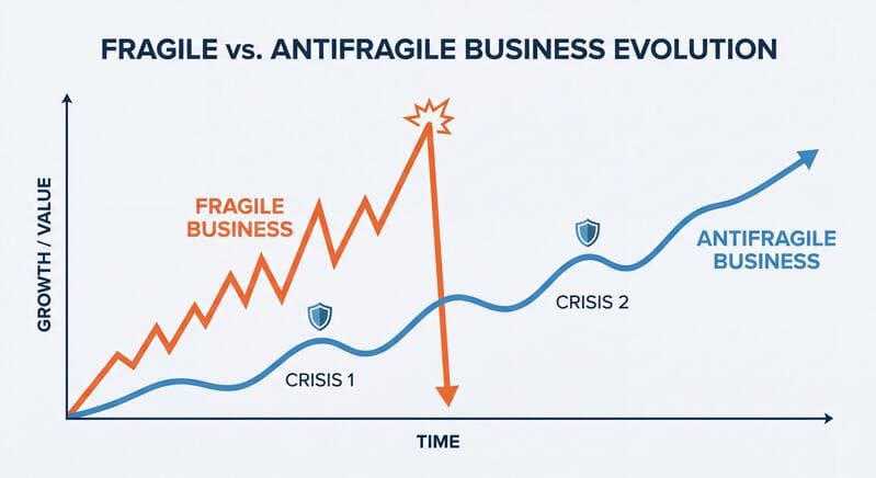 Graphique montrant l’évolution d’un business fragile qui s’effondre en crise versus un business antifragile qui progresse dans le temps