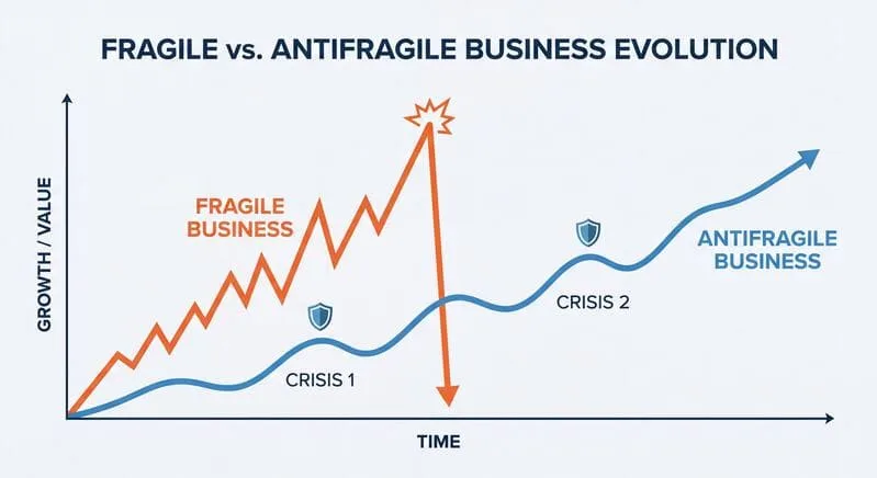 Graphique montrant l’évolution d’un business fragile qui s’effondre en crise versus un business antifragile qui progresse dans le temps