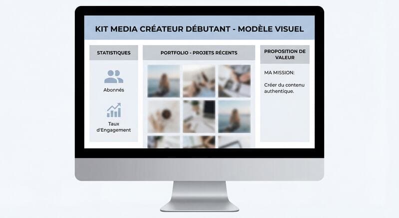 Modèle visuel de media kit pour créateur débutant avec statistiques, portfolio et proposition de valeur.