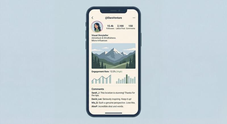Capture d'écran d'un profil Instagram de micro-influenceur montrant des statistiques d'engagement élevées et commentaires authentiques.