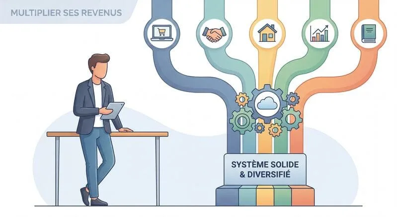 Schéma d’un système de revenus diversifiés pour une entreprise résiliente avec plusieurs sources de revenus connectées