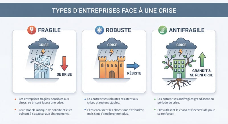 Infographie montrant trois types d'entreprises face à une crise, pour protéger son entreprise de la faillite et devenir résilient face aux crises économiques.