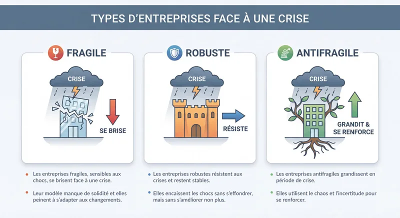 Infographie montrant trois types d'entreprises face à une crise, pour protéger son entreprise de la faillite et devenir résilient face aux crises économiques.