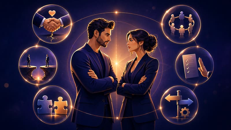 Illustration représentant six fausses croyances qui sabotent une collaboration business : bonne entente, confiance préalable, complémentarité, réseau proche, refus d’écrire et organisation floue.