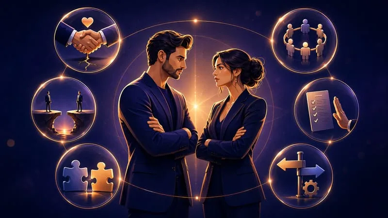 Illustration représentant six fausses croyances qui sabotent une collaboration business : bonne entente, confiance préalable, complémentarité, réseau proche, refus d’écrire et organisation floue.