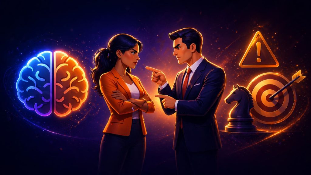 Illustration montrant deux professionnels en tension, un cerveau lumineux, un symbole d’alerte, une cible et une pièce d’échecs pour illustrer les fausses croyances qui sabotent les collaborations business.