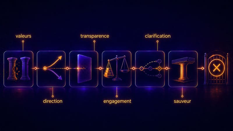Infographie sur les éléments clés d’une collaboration business solide : valeurs, transparence, engagement, clarification et cadre.