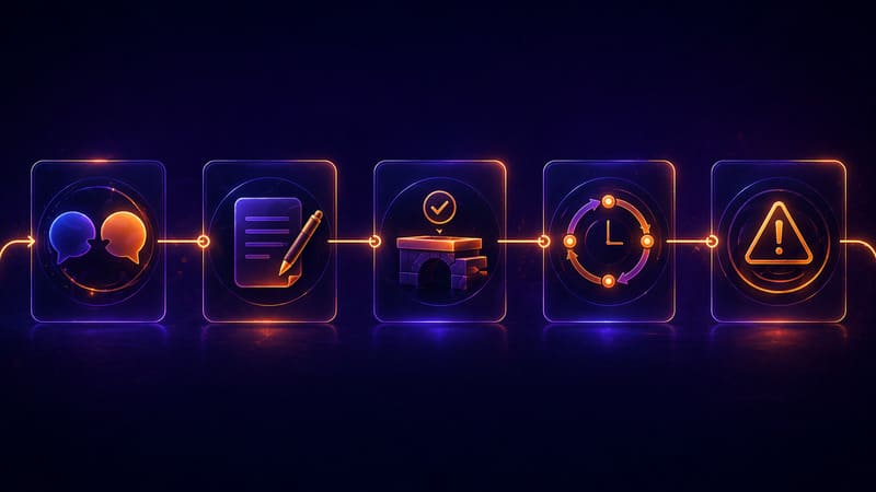 Schéma visuel en cartes montrant les étapes, signaux et actions à clarifier dans une collaboration business.