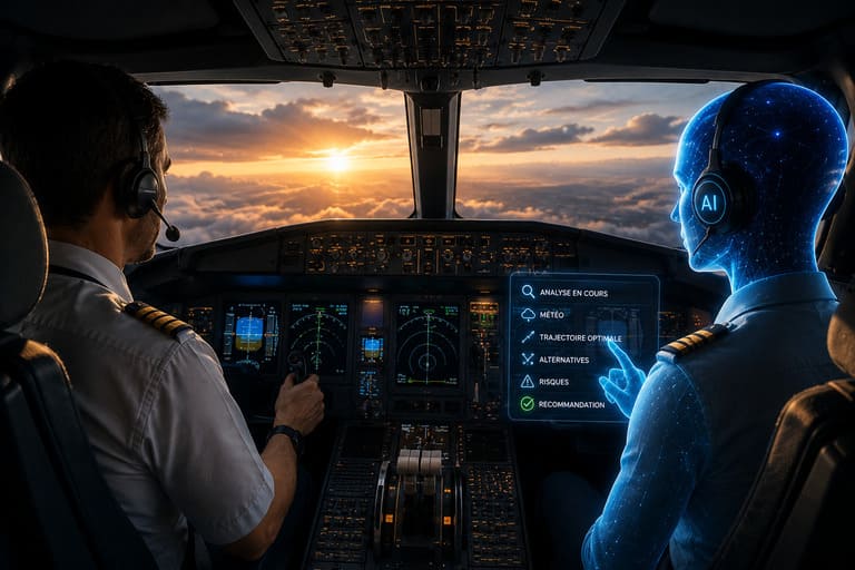 Pilote accompagné d’un copilote IA dans le cockpit d’un avion