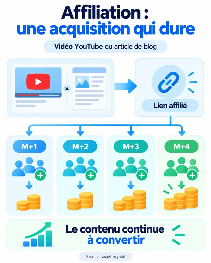 Exemple fictif d’un contenu YouTube ou blog avec lien affilié pouvant générer de nouveaux clients sur plusieurs mois successifs.