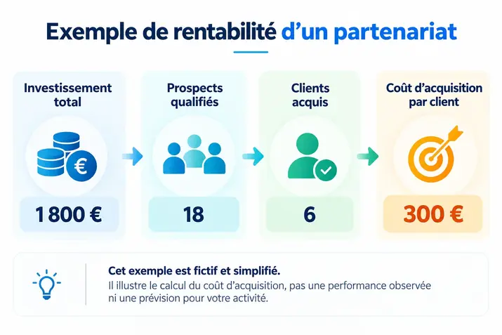 Exemple fictif de coût d’acquisition partenaire : 1 800 euros investis, 18 prospects, 6 clients et 300 euros par client.