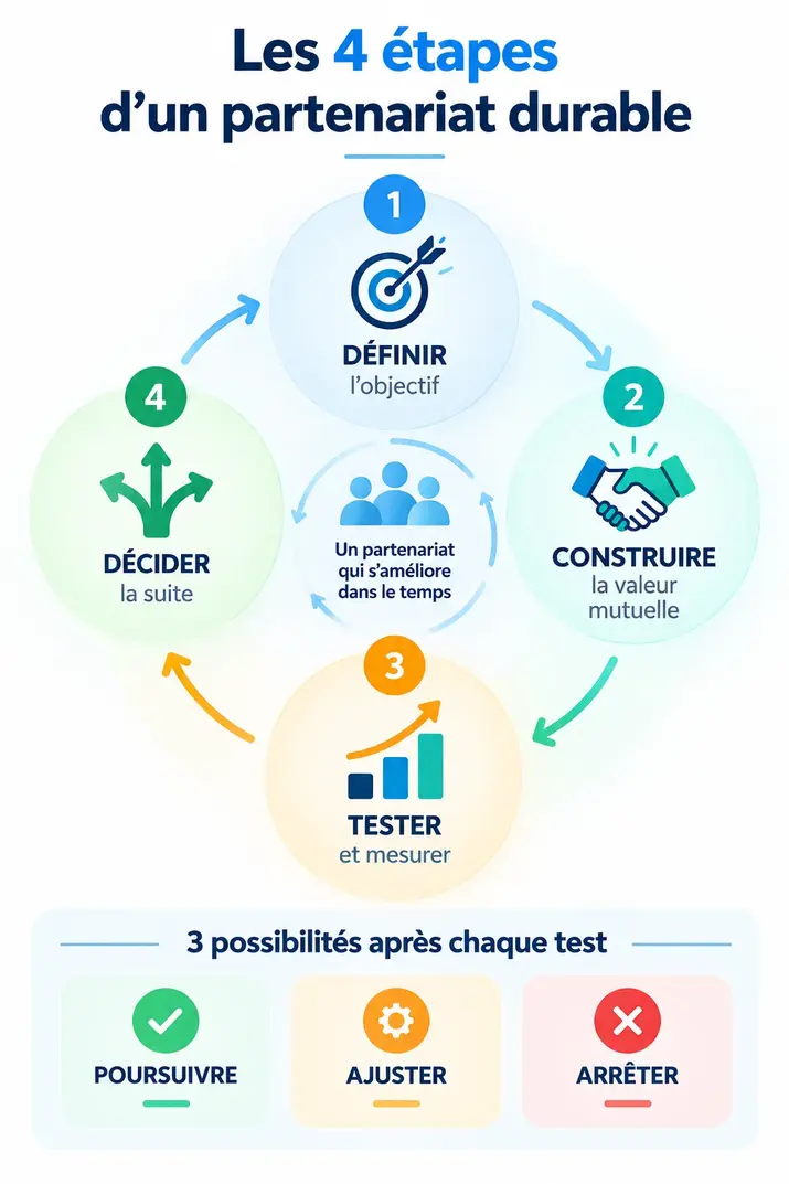 Schéma des quatre étapes d’un partenariat commercial durable : définir l’objectif, construire la valeur mutuelle, tester et mesurer, puis décider de la suite.