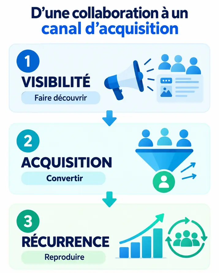 Schéma illustrant la progression possible d’un partenariat commercial : visibilité, acquisition de clients, puis récurrence des résultats.